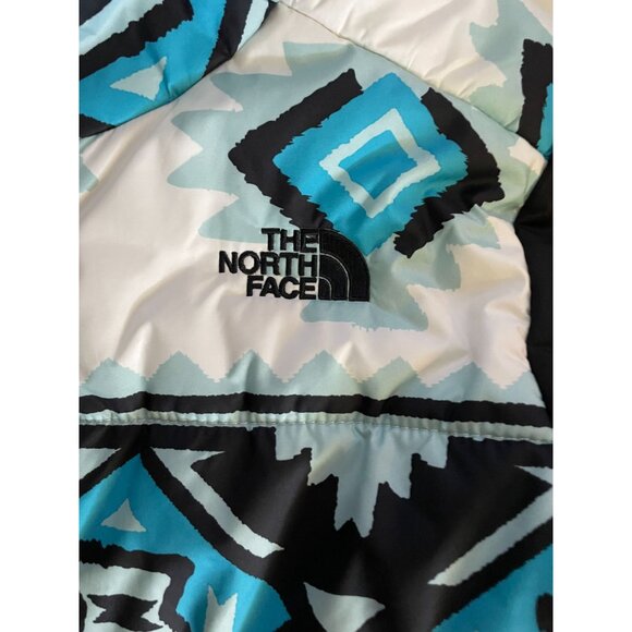 The North Face Kids Hooded Puffer Jacket Aztec Pattern Black & Blue Reversible - Picture 5 of 9